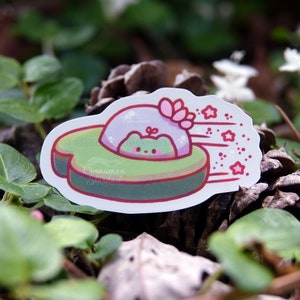 May include: A whimsical sticker featuring a green frog in a spaceship-like vehicle. The vehicle is green and brown, with a pink dome and pink stars trailing behind. The sticker has a white border and is set against a natural background.