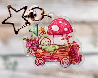 Cute Mushroom and Frog Keycharm | Holographic Stars Keycharm | Omi The Mushroom | Sprout The Frog