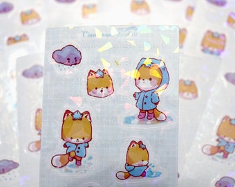 Shattered Glass Holographic Stickers | Cute Kawaii Stickers | Rainy Day Sticker Sheet | Fin The Fox