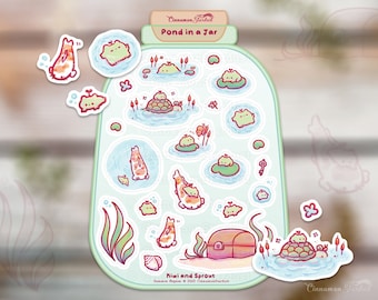 Pond in a Jar | Kiwi and Sprout | Cute Frog Sticker Sheet | Koi Fish Stickers | Frog Stickers