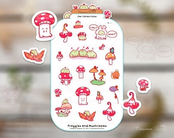 Glitter Textured Stickers | Cute Froggies and Mushrooms Sticker Sheet | Jar Collections