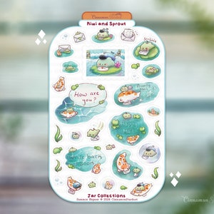 May include: A sheet of stickers featuring illustrations of kiwi and sprout characters. The stickers have various designs, including kiwi and sprout writing letters, kiwi and sprout swimming, and kiwi and sprout holding mail. The text on the stickers includes "Scribble", "How are you?", "Priority Mail", "Happy Mail", and "Write back soon".