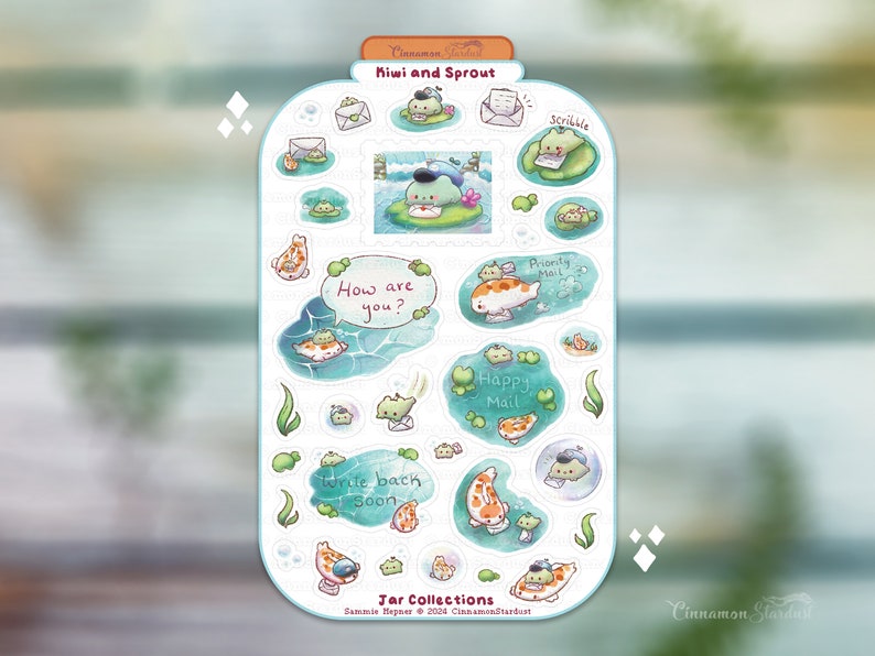 May include: A sheet of stickers featuring illustrations of kiwi and sprout characters. The stickers have various designs, including kiwi and sprout writing letters, kiwi and sprout swimming, and kiwi and sprout holding mail. The text on the stickers includes "Scribble", "How are you?", "Priority Mail", "Happy Mail", and "Write back soon".
