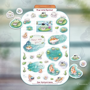 May include: A set of 16 colorful stickers featuring illustrations of frogs and fish with various messages, including "Scribble", "How are you?", "Happy Mail", and "Write back soon". The stickers are part of the "Jar Collections" series by Sammie Hepner.