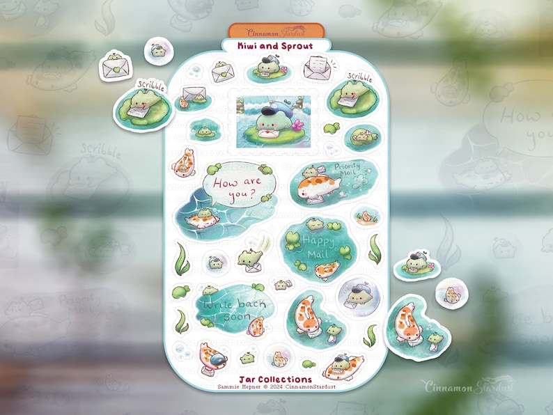 May include: A set of 16 colorful stickers featuring illustrations of frogs and fish with various messages, including "Scribble", "How are you?", "Happy Mail", and "Write back soon". The stickers are part of the "Jar Collections" series by Sammie Hepner.