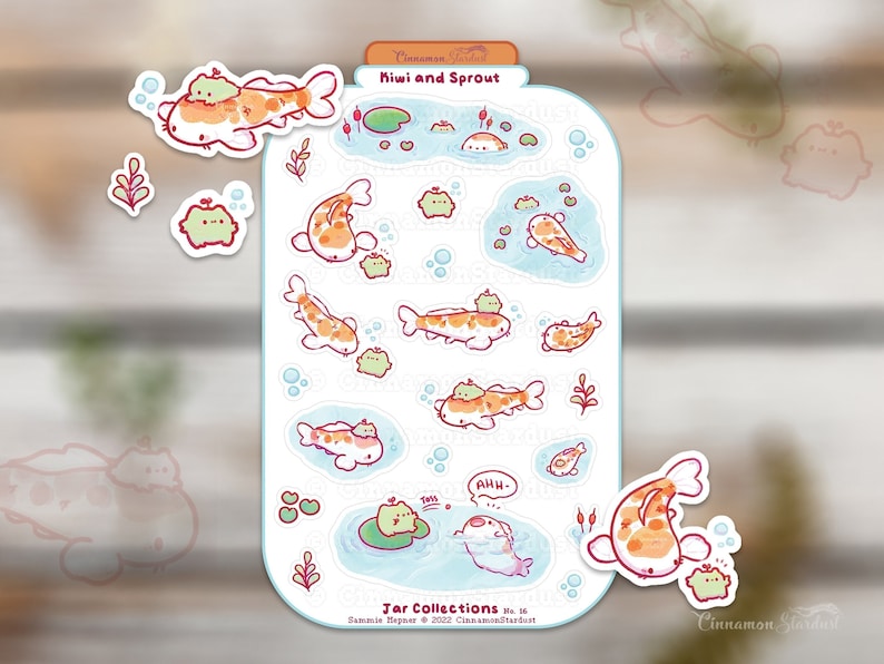May include: A sheet of stickers featuring koi fish and sprout characters in a pond scene. The stickers are in a jar-shaped design with the text "Kiwi and Sprout" at the top. The stickers are white with orange, green, and blue accents.