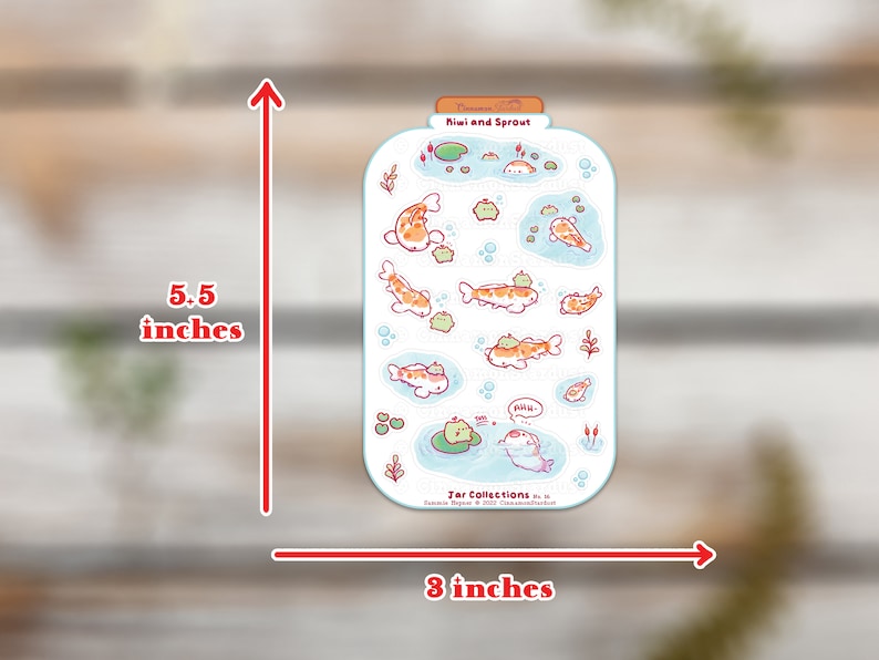 May include: A sticker sheet featuring a jar design with koi fish and other aquatic elements. The sticker sheet is 5.5 inches tall and 8 inches wide. The text "Kiwi and Sprout" is at the top. The sticker sheet has a light blue background.