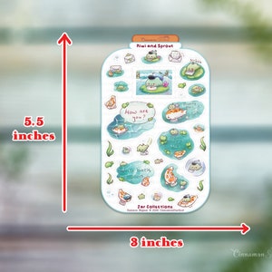 May include: A sheet of stickers featuring illustrations of frogs and fish. The stickers are on a white background with blue and green accents. The text "Hiwi and Sprout" is at the top of the sheet. The text "How are you?" is in a speech bubble. The text "True back soon" is in a speech bubble. The text "Happy Mail" is in a speech bubble. The text "Jar Collections" is at the bottom of the sheet.
