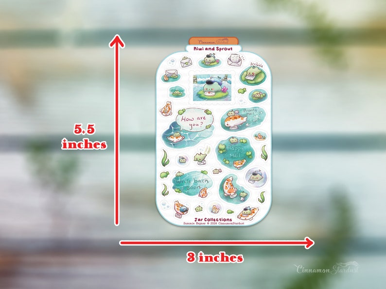 May include: A sheet of stickers featuring illustrations of frogs and fish. The stickers are on a white background with blue and green accents. The text "Hiwi and Sprout" is at the top of the sheet. The text "How are you?" is in a speech bubble. The text "True back soon" is in a speech bubble. The text "Happy Mail" is in a speech bubble. The text "Jar Collections" is at the bottom of the sheet.