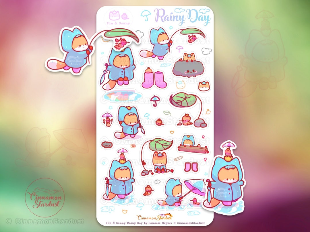 Fin and Sunny Rainy Day | Cute Kawaii Stickers | Rainy Day Sticker ...