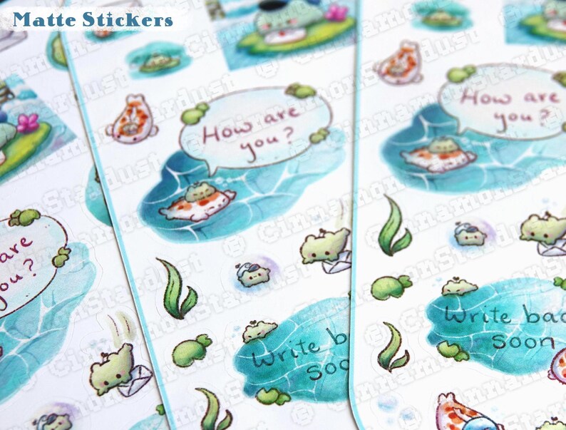 May include: A sheet of matte stickers featuring cute cartoon fish, plants, and speech bubbles with the text "How are you?" and "Write back soon".