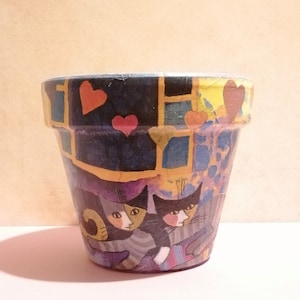 Plant pot with cats, Decorative terracotta plant pot, Night plant pot, Animals planter, Cats with faces, Picasso style plant pot, Indoor