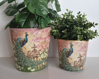 Peacock plant pot, plant pot with Bird, Large plant po, medium planter, Decorative plant pot, outdoor planter, indoor plant pot, decoupage