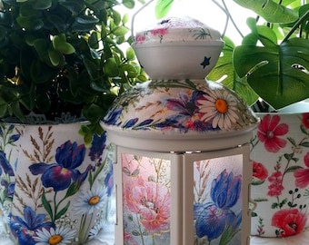 Lantern, hand painted lantern, candle holder, decouaged lantern, hand decorated lantern, tea decorative lantern, lantern with flowers