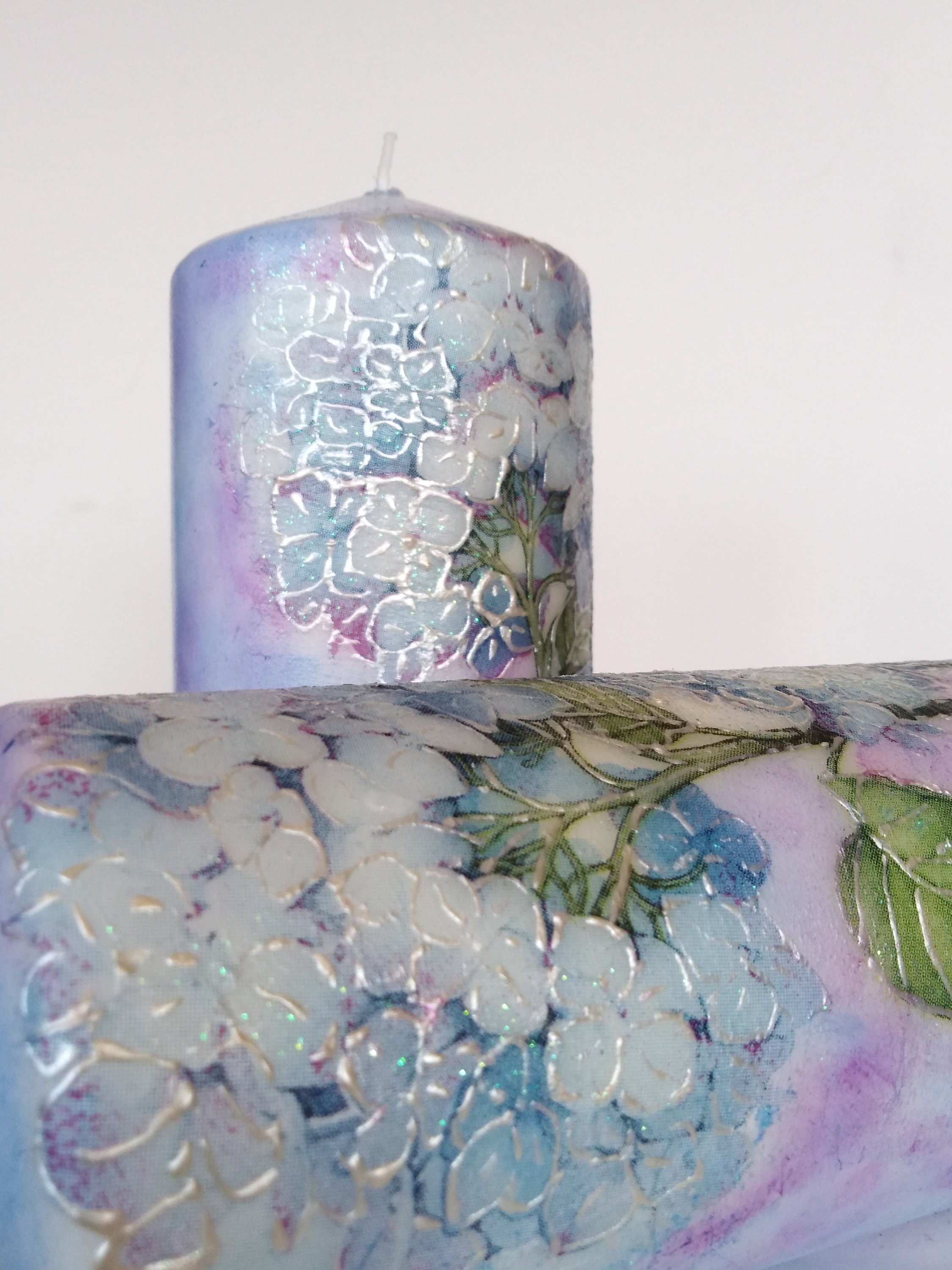 Decorative Rustic Floral Candle, Marble Glitter Candle, Blue and