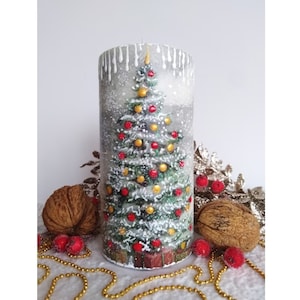 Christmas tree pillar candle, hand decorated candle, Merry Christmas candle, Winter gift candle, Christmas wishes candle, home decoration