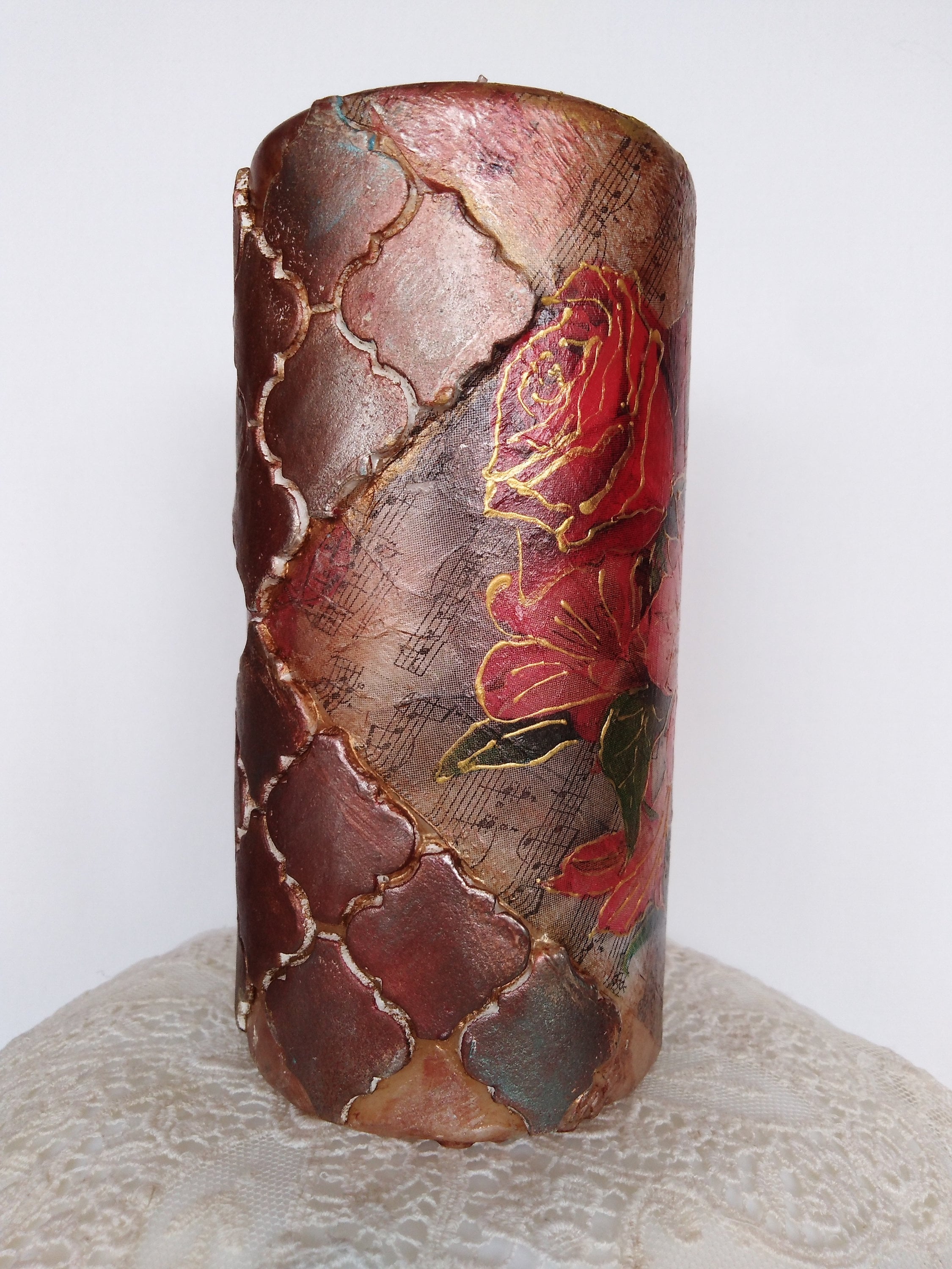 KATE PINK LILIES& ROSES HAND DECORATED PILLAR CANDLE 15x6cm KATE PINK LILIES& ROSES HAND DECORATED PILLAR CANDLE 15x6cm
