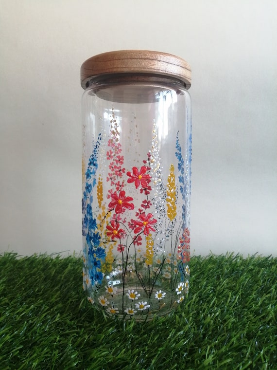 Glass Jar With Lid, Decorative Glass Container, Red Blue Yellow Flowers Jar,  Hand Painted Jar, Kitchen Container, Multicolor Flowers Jar 