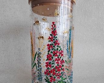 Daisies pasta jar with bees, jar with garden flowers,hand painted glass jar, Decorative pasta jar, Blue yellow red flowers on jar