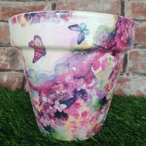 Large purple plant pot, twinkle plant pot, decorative plant pot, indoor and outdoor plant pot, decoupage pot wuth butterflies and flowers