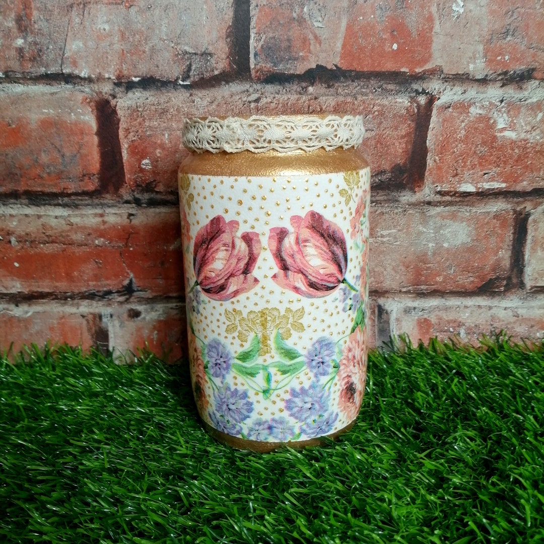 Vase Hand Made, Glass Jar Vase, Decoupaged Jar, Vase With Chain, Vase