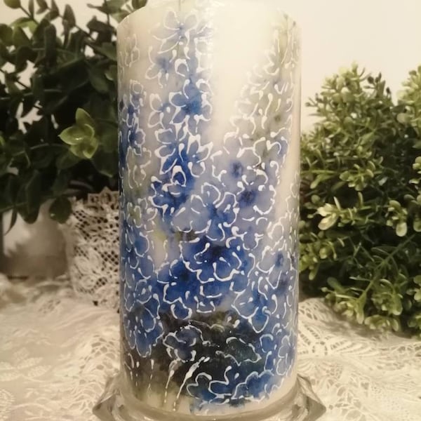 Larkspur flowers pillar candle, blue flowers candle, hand decorated candle, decoupage candle