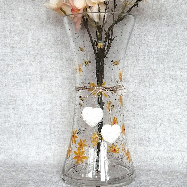 Large Glass vase, Hand painted vase, Decorative gift vase, Gift for couple, Hand painted vase, Decorative Glass vase with yellow flowers