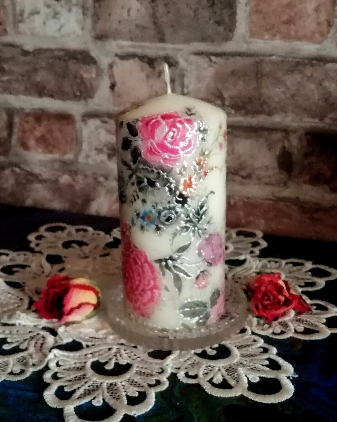 3d Painted Pillar Candle Floral Decorative Candle With Roses - Etsy