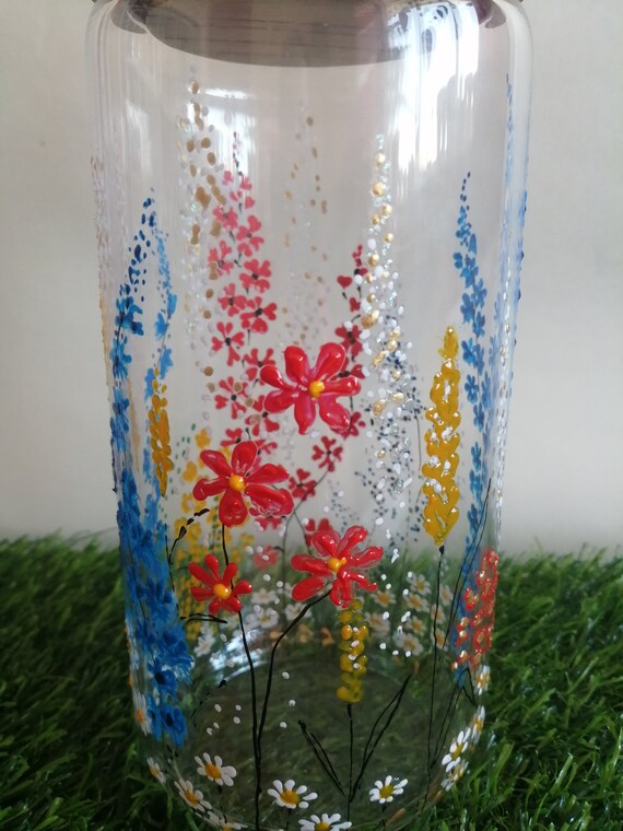Glass Jar With Lid, Decorative Glass Container, Red Blue Yellow Flowers Jar,  Hand Painted Jar, Kitchen Container, Multicolor Flowers Jar 