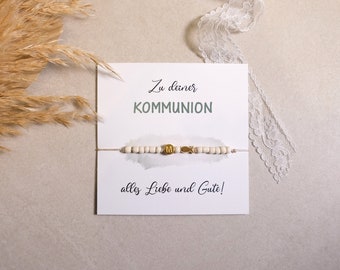 Armband zur Kommunion, mit Fisch, Perlenarmband personalisierbar Geschenk Kommunion, Glückwunschkarte
