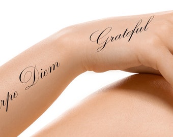 Carpe Diem, Grateful or Personalized Set of 12 Removable & Temporary Tattoos Script Font 2.5" wide by 1/2" tall