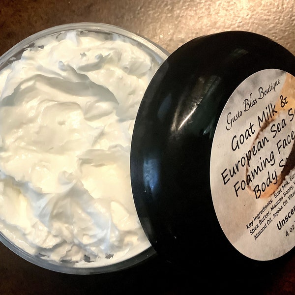 Goat Milk & European Sea Salt Foaming Face and Body Scrub Gentle Exfoliation With Application Spoon 4 or 8 oz by Volume Jar Choose Scent
