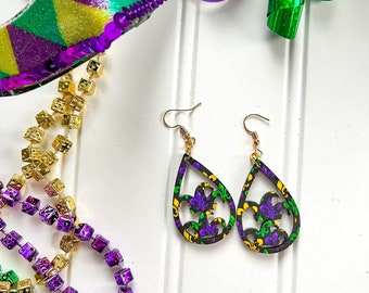 Purple Crystal Clip on Earrings Silvertone Mardi Gras Jester