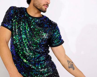 Mens Green Sequin T-Shirt, Festival T-Shirt, Mens Sequin T-Shirt, Mens Green Top, Pride Top, Festival Top, Mens Rave Top / Sparklebutt