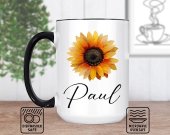 Helle Sonnenblume Tasse mit individuellem Namen - Personalisierte Tasse Geschenk für Sonnenblumenliebhaber, einzigartige Blumenkaffeetasse, anpassbare Geschenkidee