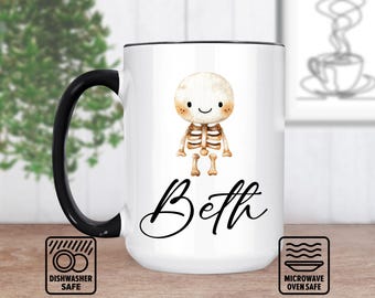 Tiny Skeleton Mug With Custom Name - Personalized Mug For Halloween, Spooky Gift, Unique Coffee Mug, Skeleton Lover's Gift