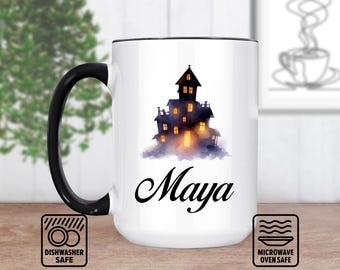 Haunted House Mug With Spooky Design | Personalized Mug For Halloween Lovers | Custom Name Gift | Unique Coffee Mug For Haunted House