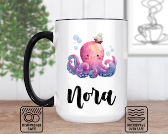 Lächelnder Octo-Kraken Becher mit individuellem Namen - Einzigartiger personalisierter Becher für Kaffeeliebhaber, nautisches Geschenk, Meereskreaturkunst, Kraken-Liebhaber