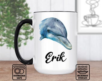 Taza con cabeza de delfín y nombre personalizado: taza personalizada para amantes del océano, idea de regalo única, arte cerámico artesanal, taza de café con temática marina.