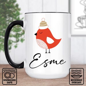 Personalized Christmas Bird Mug with Name – Custom Holiday Coffee Cup for Bird Lovers, Festive Gift, Stocking Stuffer (11oz and 15oz)