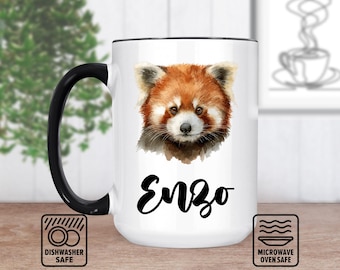 Taza con cabeza de panda rojo y nombre personalizado - Taza personalizada para amantes de los animales, idea de regalo única, lindo diseño de panda rojo, taza de café o té