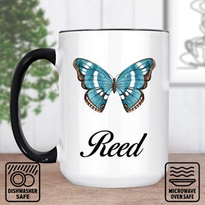 Mok blauwe vlinder, cadeau koffiemok blauwe vlinder, aangepaste mok blauwe vlinder, verjaardagscadeau blauwe vlinder, Moederdagcadeau, keramiek