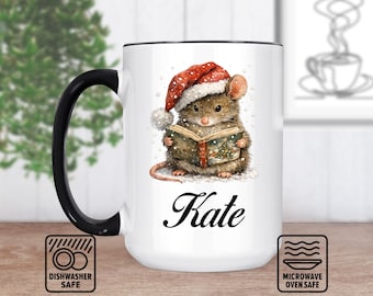 Weihnachtsmaus in einer Weihnachtsmütze Becher für den Urlaub jubeln | Personalisierte Tasse Geschenk | Benutzerdefinierte Maus Design | Einzigartige Kaffeetasse | Perfekt für Tiere