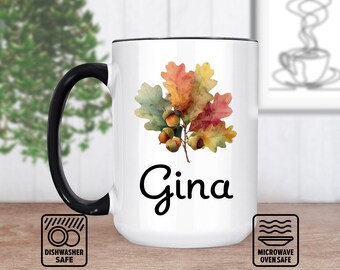 Oak Leaves Mug With Custom Name Design, Personalized Mug For Coffee Or Tea Lovers, Unique Gift Idea, Autumn Leaf Pattern, Customizable