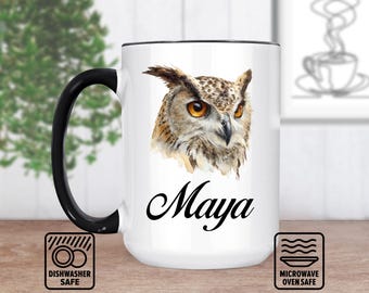 Tazza con testa di gufo e nome personalizzato - Tazza personalizzata unica, regalo per gli amanti dei gufi, tazza da caffè in ceramica realizzata a mano, perfetta per compleanni e