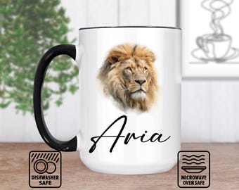 Lion Head Mug With Custom Name - Unique Personalized Mug For Coffee Or Tea Lovers, Perfect Gift For Animal Enthusiasts And Home Decor
