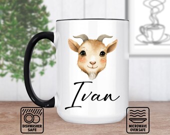 Taza con cabeza de cabra y nombre personalizado - Diseño único de animal de granja - Taza personalizada para amantes del café - Regalo perfecto para entusiastas de las cabras