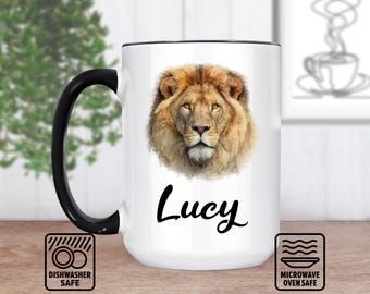 Lion Head Mug With Custom Name - Unique Personalized Mug Gift For Animal Lovers, Customizable Lion Design Coffee Mug For Birthdays &