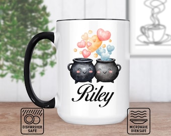 Caneca em formato de mini caldeirão para poções de bruxa | Caneca personalizada com nome | Presente de Halloween | Café/Chá assustador | Decoração de bruxa exclusiva |