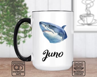 Taza con cabeza de tiburón y diseño de nombre personalizado: taza personalizada para amantes del océano, idea de regalo única para cumpleaños, Día del Padre o cualquier otra ocasión.